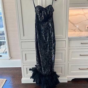 Custom Made Black Sequin Dress with Feather Hem